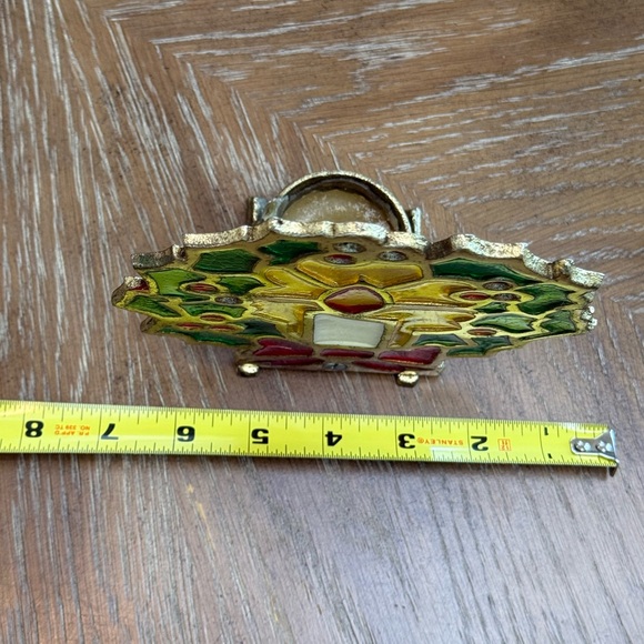 VINTAGE STAINED GLASS CAST IRON CANDLE HOLDER CHRISTMAS WREATH TEALIGHT CANDLE - Picture 5 of 6